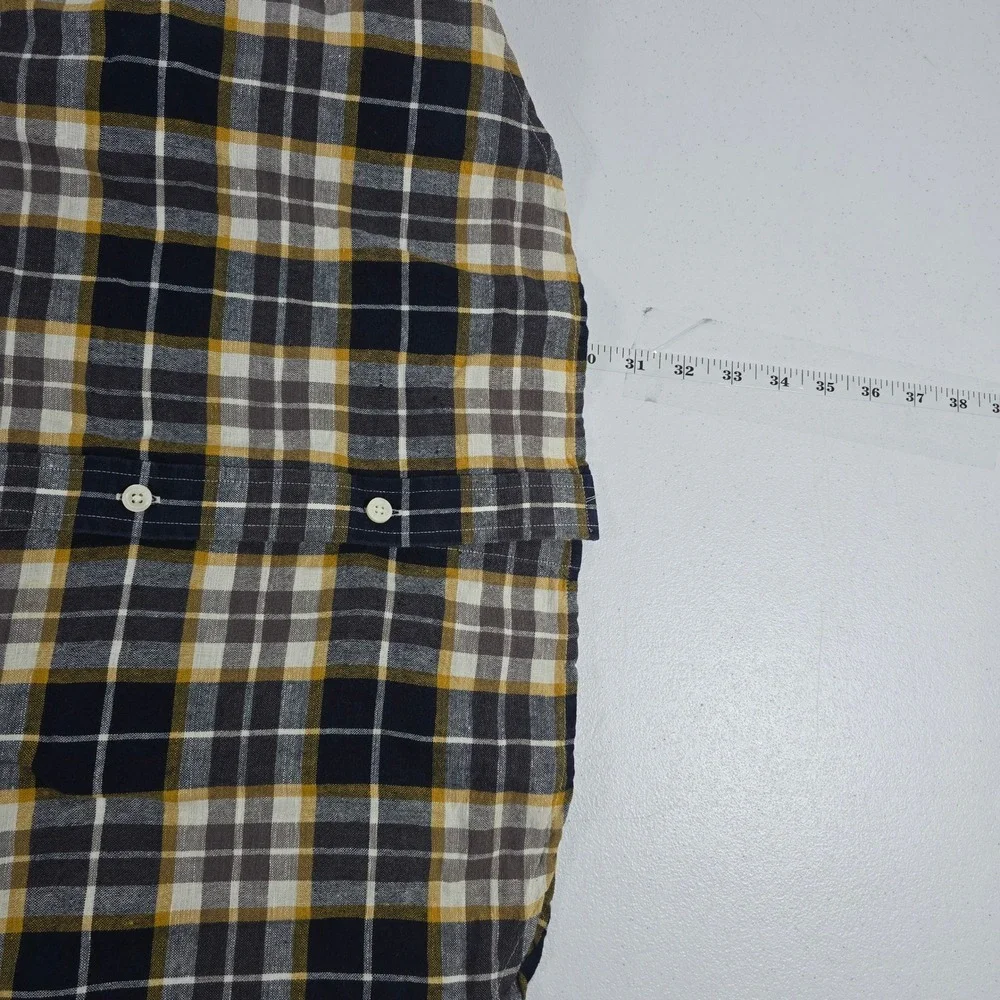 Banana Republic Mens L Linen Plaid Short Sleeve Button Down Shirt Navy‎ Yellow